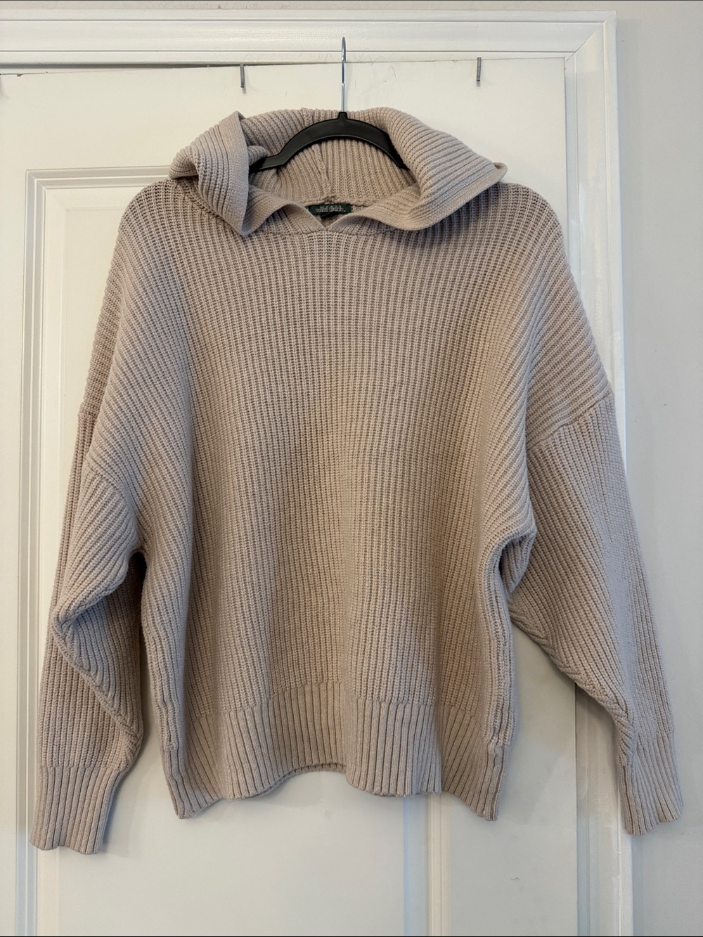 wild fable Beige Rib-Knit Hooded Sweater